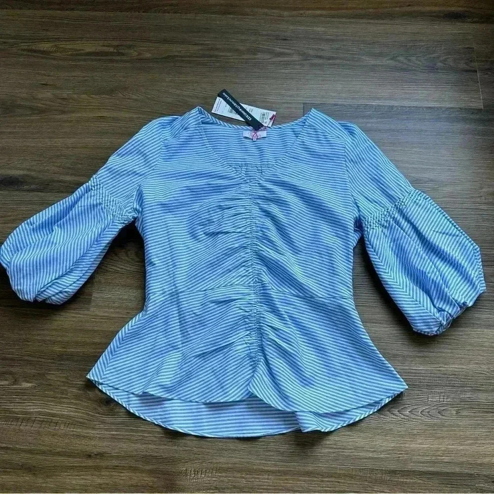 Parker Womens Exclusive Dita Blouse Poplin Blue V-Neck Top Medium Boho‎ Preppy